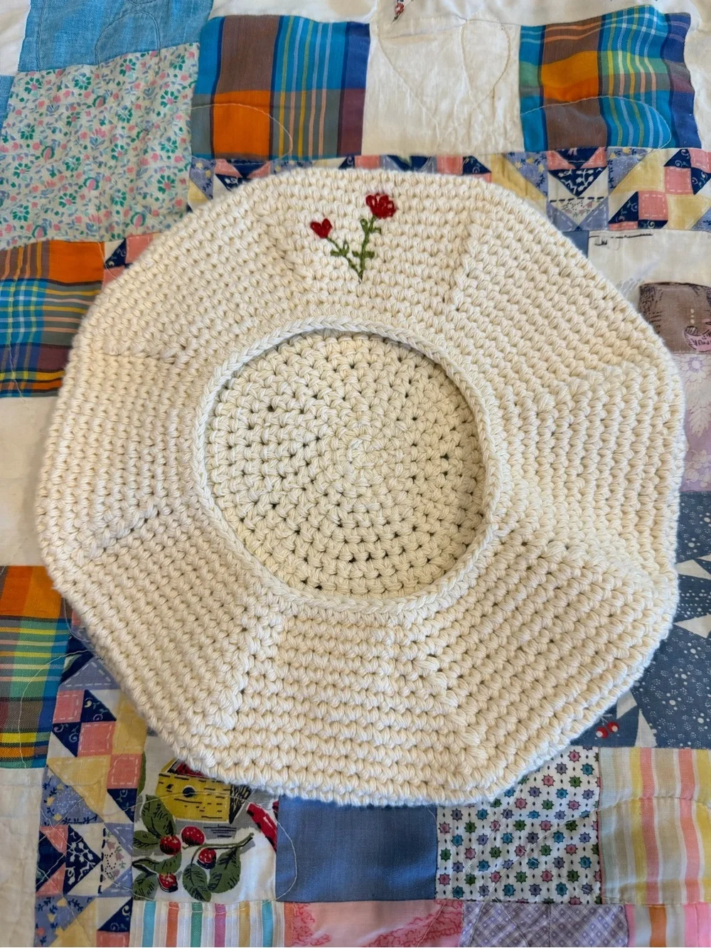 Free People Evermore Crochet Beret NWT Ivory Rose Embroidery Boho Cottagecore